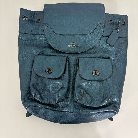 Coach Blue Metallic Leather Mickie Large Backpack - Picture 1 of 11